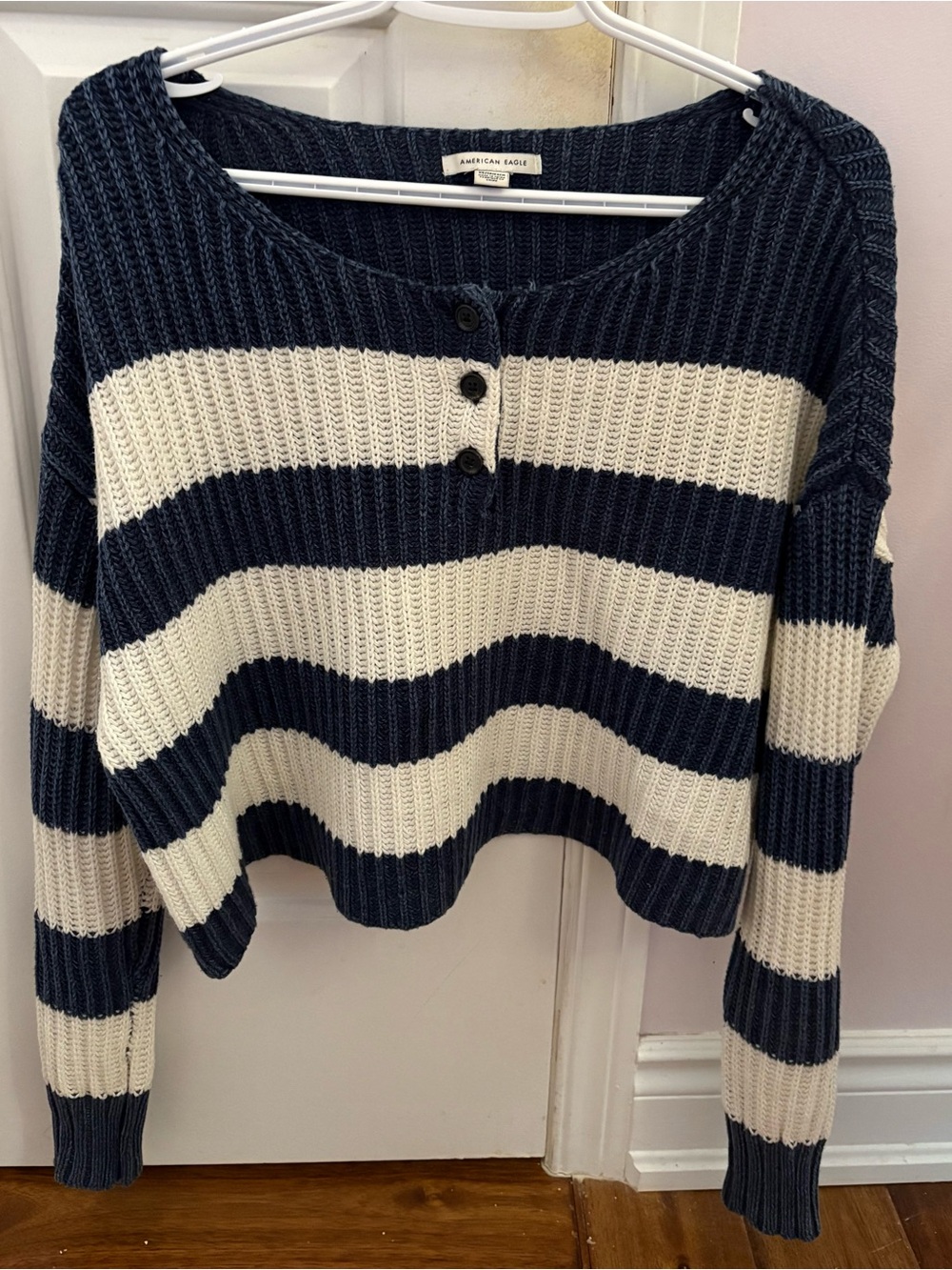American Eagle Outfitters Navy and Cream Striped Knit Sweater